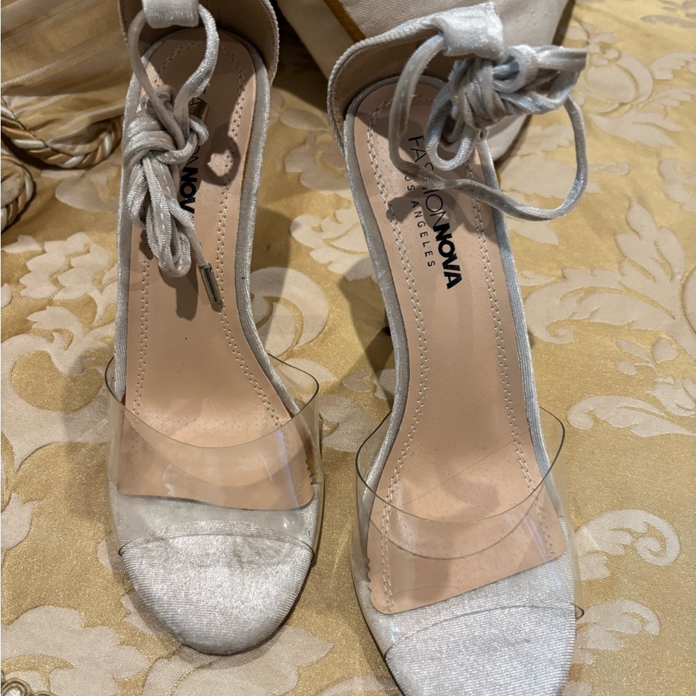 Fashion Nova Taupe color Heels with Clear Strap